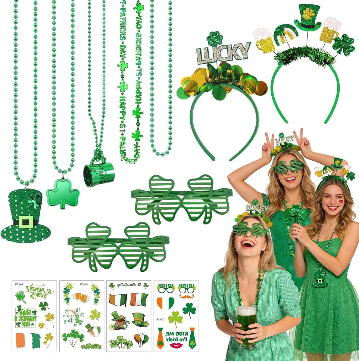 13-delige St. Patrick's Day Kostuum Accessoires Set met Groene Klaveren, Brillen, Kettingen en Tatoeages voor Feestelijke Decoraties en Verkleedpartijen
