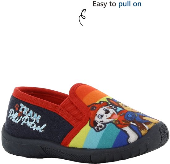 Blauwe instappers met Chase, Marshall en Rubble op regenboogkleurige strepen. "Team Paw Patrol" op de achterkant.