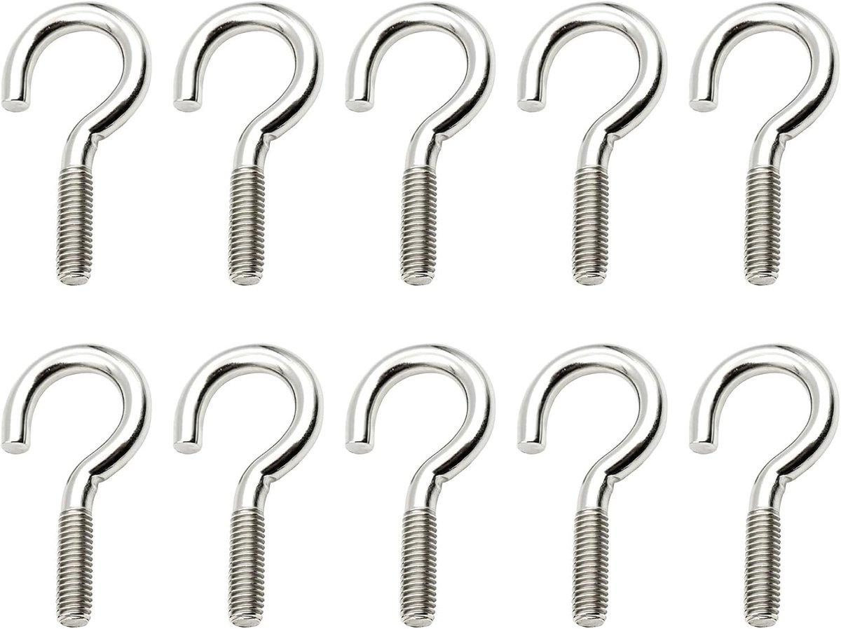 Haken van roestvrij staal, M6 x 50 mm, schroefhaken met schroefdraad voor muur of plafond, haken voor bevestiging van touwen, kettingen, planten en lampen, 10 stuks