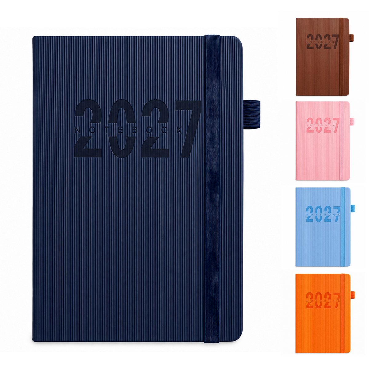 2027 Dagboek voor Volwassenen – Dagboeken & Notitieboek – Hardcover met Elastische Sluitband & Maandelijkse Index – Engelstalige Binnenzijde – Voor Persoonlijke Dagboeken & Planning – A5 – Donkerblauw– 1 Stuk