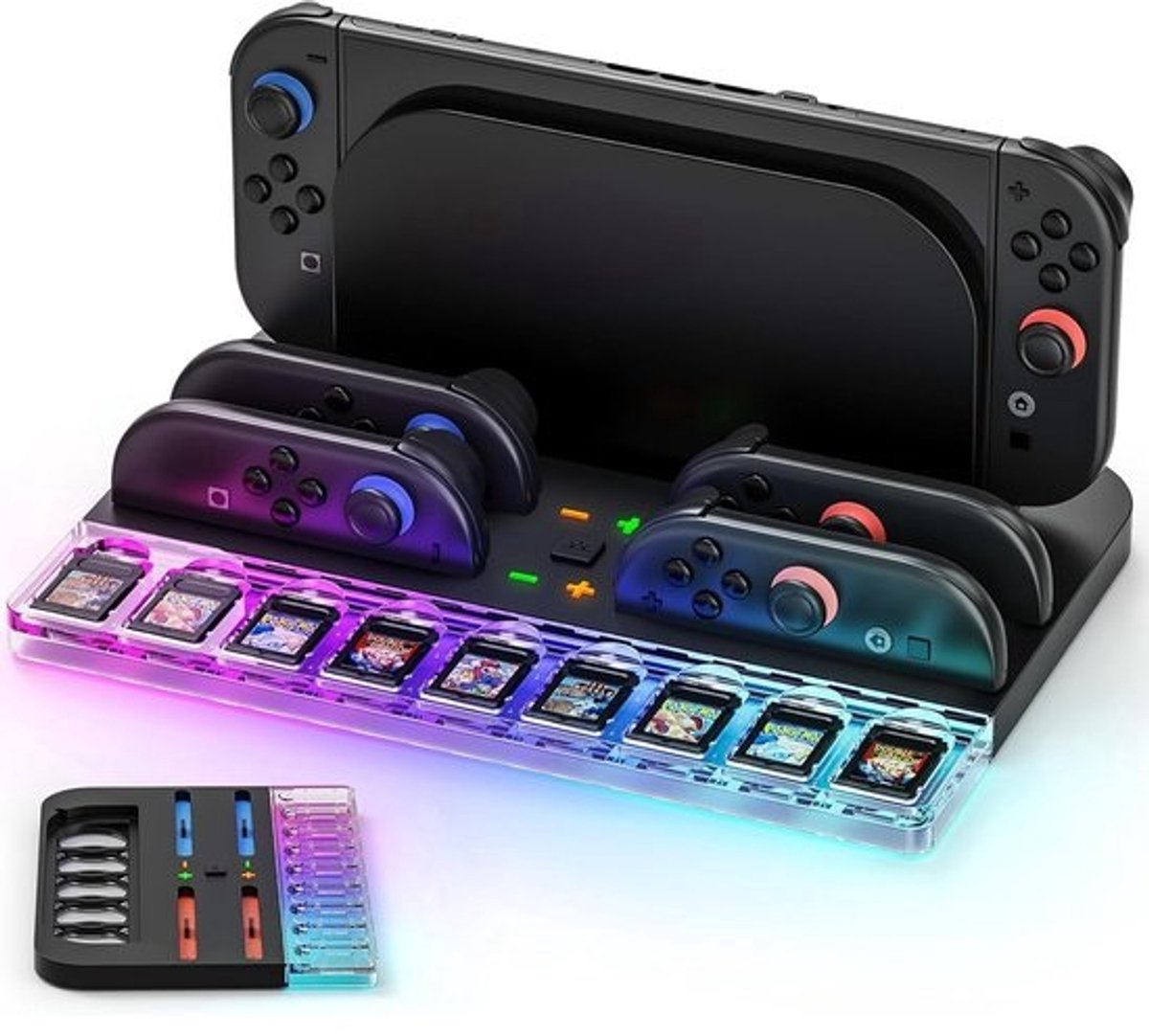 SnelShoppen - Switch 2 Joy Con Oplaadstation met RGB Lampjes, Opladen van 4 Controllers, Opslag voor 9 Gamecards, Snellader, Geschikt voor Gaming, Thu