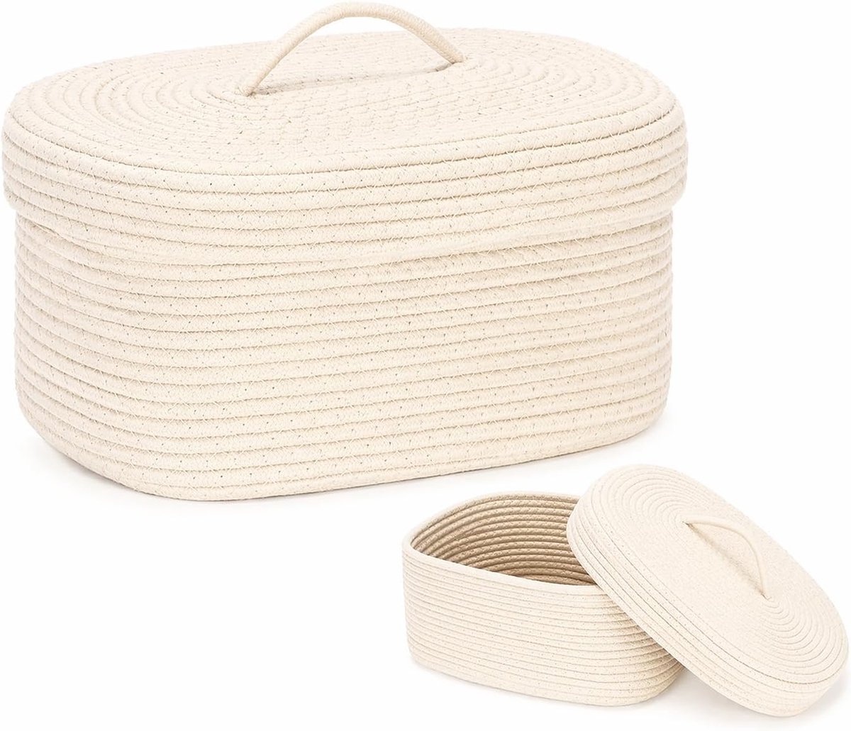 Opbergmand van katoenen touw, ovaal, met deksel, geweven katoenen touwmand, geweven organizerbox voor kinderkamer, luiercaddy en babyfeestmand (beige)