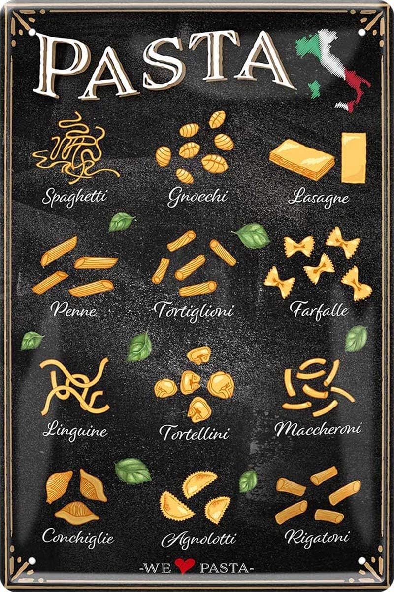 metalen bord - We love Pasta - Spaghetti lasagne penne - grappige spreuk als cadeau-idee voor verjaardag, kerstdecoratie, 20 x 30 cm, vintage design, metaal 703