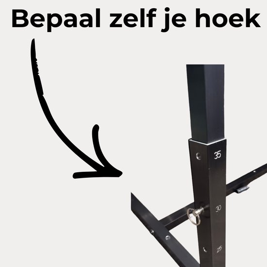 Pijl wijst naar een verstelbare steun met graden-aanduidingen: 25, 30, 35.