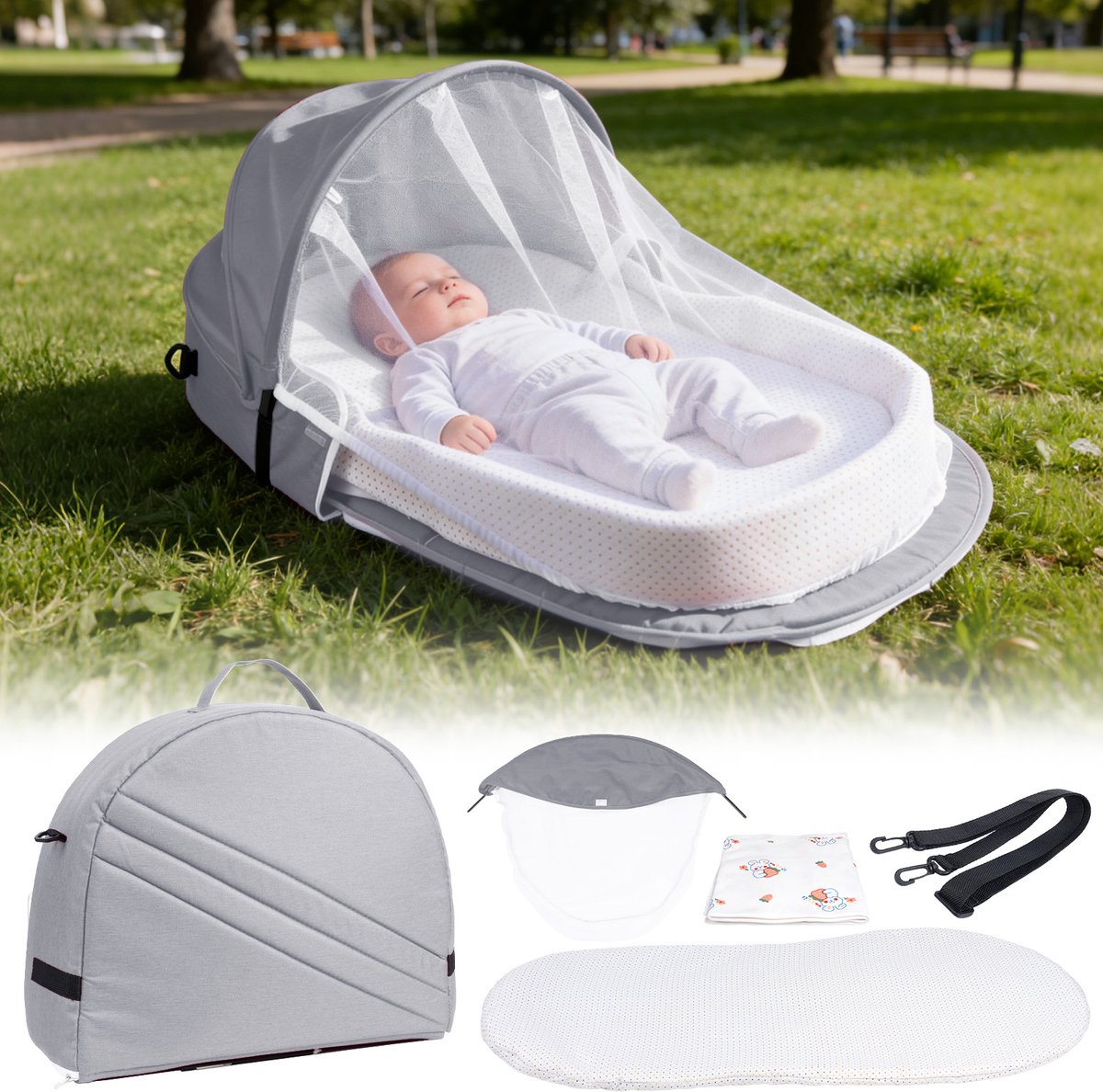 Arvioo - Baby nest - opvouwbaar - muggennet - draagbaar - lichtgrijs