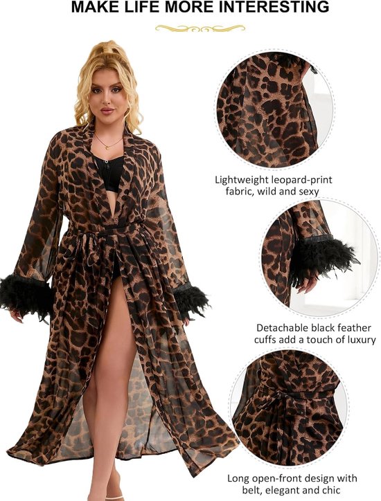 sexy damesochtendjas, lange kimono, badjas voor vrouwen, nachtkleding, nachthemd, pyjama, negligé met riem, chiffon, elegant, transparant, grote maten S-2XL — afbeelding 3