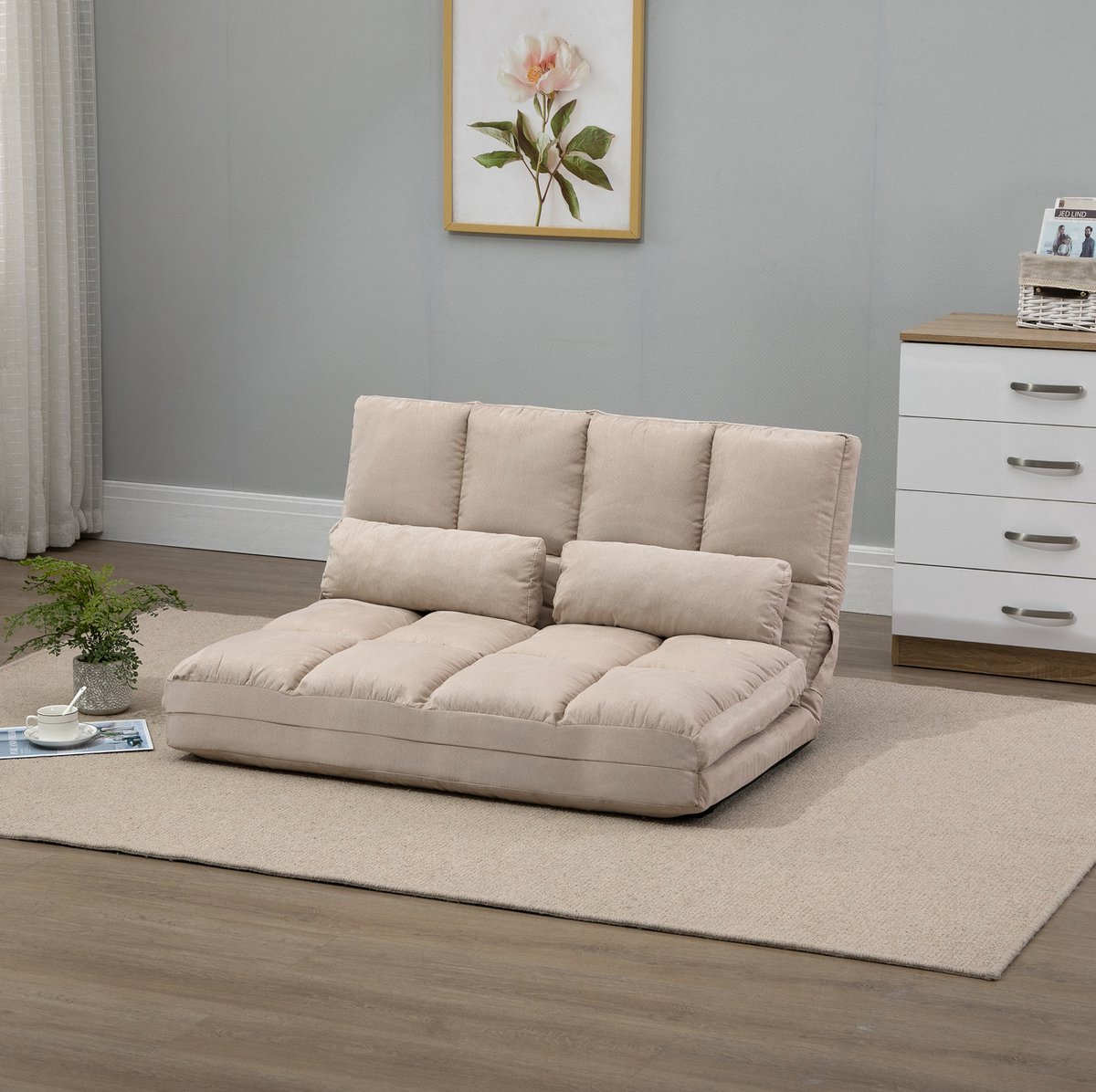 MEUNIQ Slaapbank 2-in-1 102 x 73 x 60 cm met 3-standen verstelbare rugleuning, fluwelen bekleding en metalen frame voor woonkamer en slaapkamer, beige