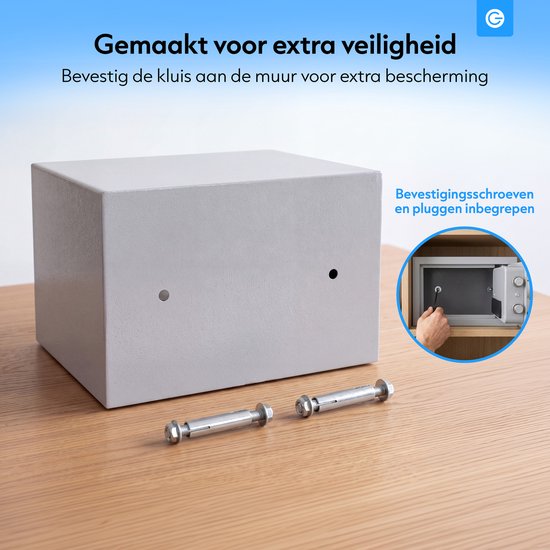 Grijze kluis, achterkant met bevestigingsgaten. Bevestigingsschroeven en pluggen worden meegeleverd.