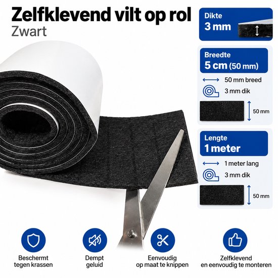 Zwart zelfklevend vilt op rol, 1 meter lang, 5 cm breed en 3 mm dik. Beschermt tegen krassen en dempt geluid.