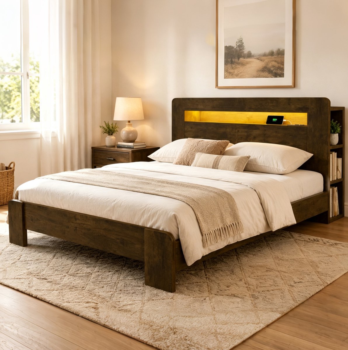 MEUNIQ tweepersoons bedframe 140 x 200 cm met opberghoofdbord, LED-verlichting, stopcontacten en lattenbodem voor de slaapkamer, houtkleur