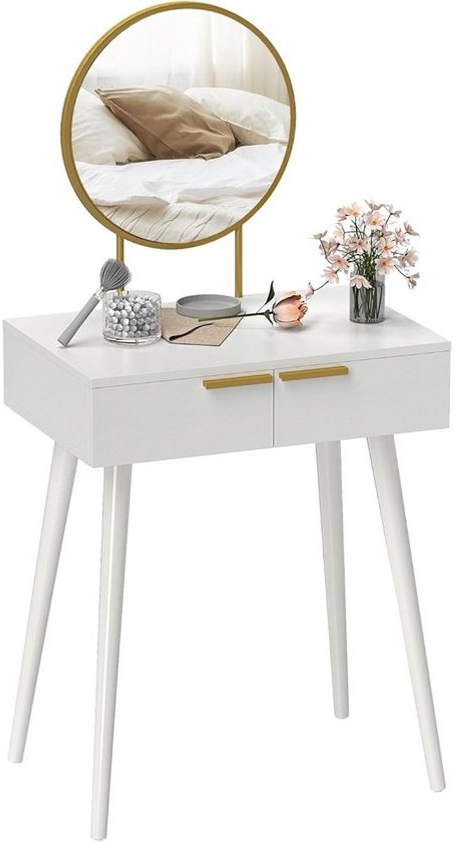 Moderne Kaptafel met Ronde Spiegel en 2 Laden voor Slaapkamer en Woonkamer - 60 x 40 x 123 cm