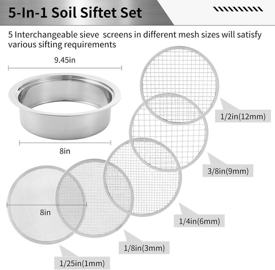 7-delige tuinzeefset – 5-in-1 metalen tuinzeef – Ronde metalen zeef – Zeef voor grond en stenen – Roestvrijstalen zandzeef (maaswijdtes: 1, 3, 6, 9, 12 mm) – Inclusief handschepje – Geschikt voor grond, stenen, onkruid, grind en zaden – Zilverkleurig — afbeelding 3