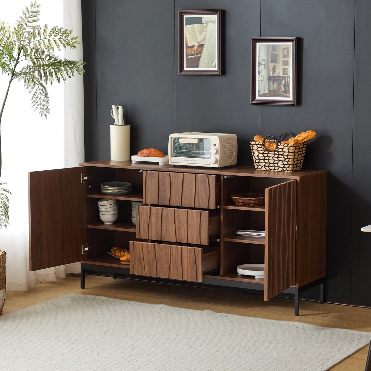 MEUNIQ dressoir 150 x 40 x 80 cm met 3 lades, 2 verstelbare planken en kastdeuren voor keuken, woonkamer of hal, donkerbruin houtlook