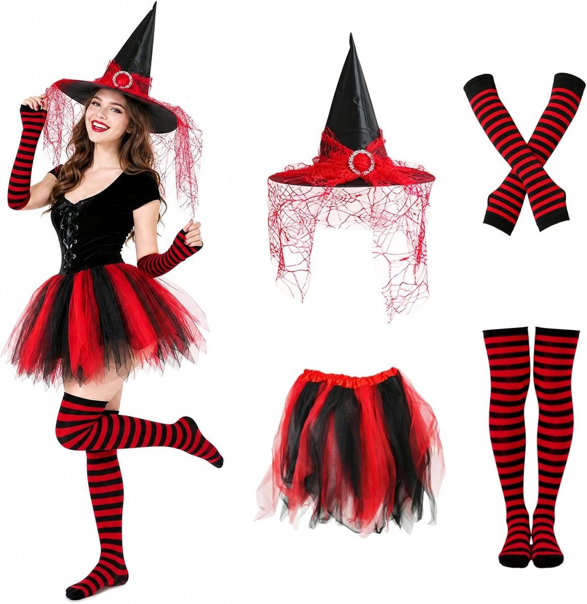 Heerlijke heksenoutfit voor vrouwen met accessoires, ideaal voor Halloween en kostuumfeesten