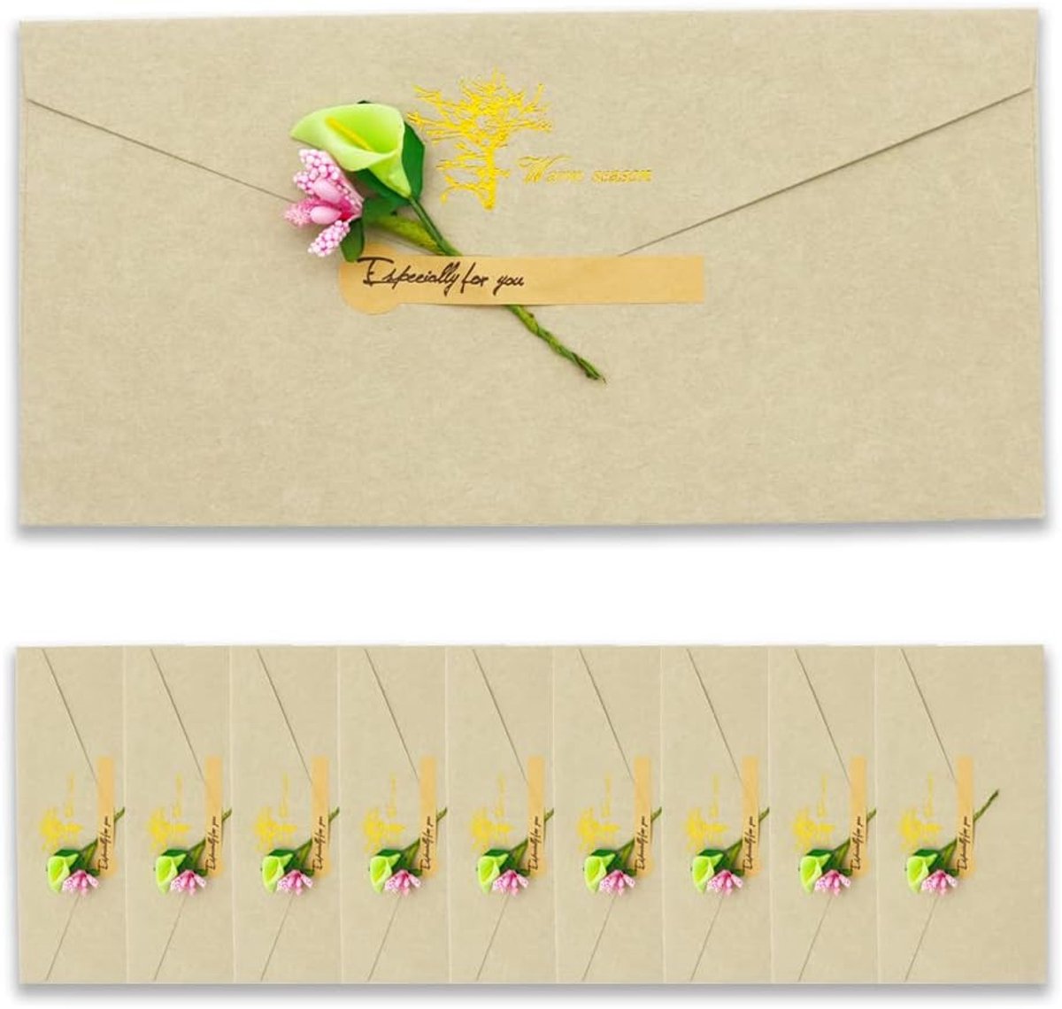 10 stuks vintage kraftpapieren enveloppen met wenskaarten, handgemaakte gedroogde bloemen en stickers, voor verjaardagen, bruiloften, Kerstmis, feesten, uitnodigingen, ansichtkaarten, bedankkaarten (grijs)