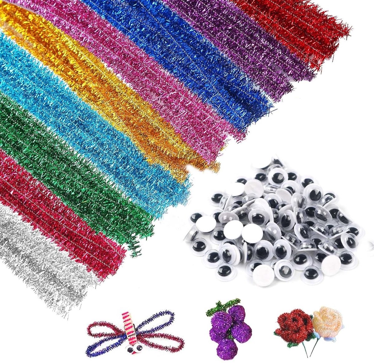 Kleurrijke Chenille Draadset met 300 Stuks, Flexibele Glitter Pijpenragers en 100 Wobble Ogen voor Creatieve Knutselprojecten en Decoraties
