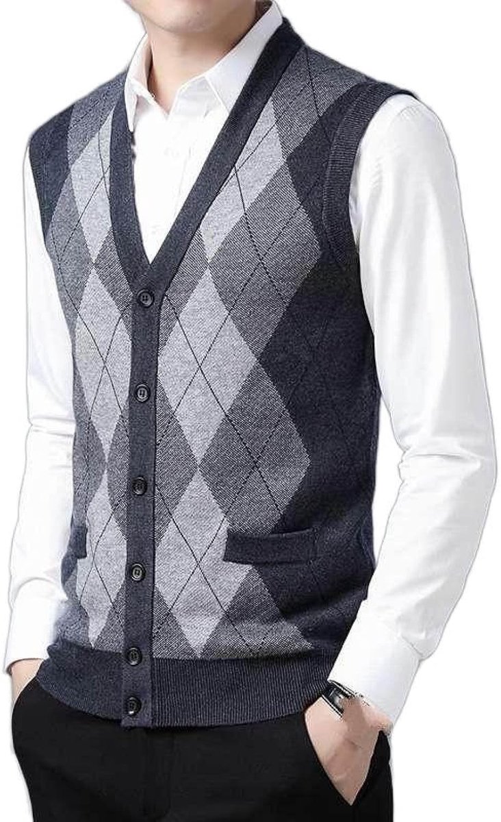 Kasjmier Gemengd Argyle Gebreid Vest Met V-Hals, Klassiek Kleurbijpassend Ruitpatroon Casual En Veelzijdig Mouwloos Vest, Heren Gebreide Trui Vest Tanktops,Donkergrijs,S