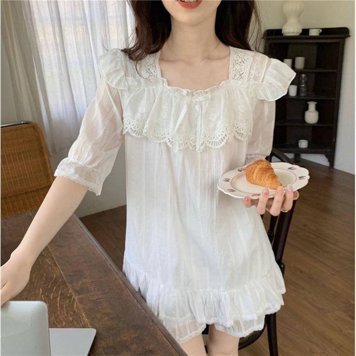 O-Hals Pyjama Set - Lief Zoet Kant Prinses Stijl Katoen En Linnen Kleine Frisse Nachtkleding Mooie Homewear,Minimalistische Eenvoudige Tender Versie Lounge Stijlvol Sleepshirt Zusters Outfi
