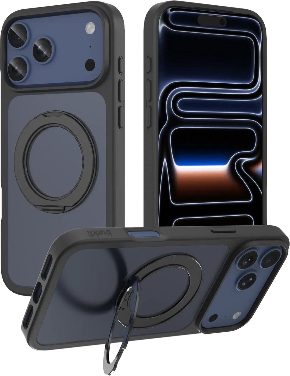 Buddi Frost Hoesje Geschikt voor Apple iPhone 17 Pro - Mat Zwart - Met Ring Stand - MagSafe Back Cover - Matchende kleur - Met 360° Draaibare Standaard - Shockproof - Slank