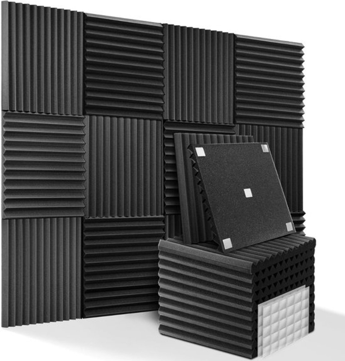 24 Stuks Akoestische Panelen Met Stickers – 30 x 30 x 2.5 cm – Zelfklevend – Geluidsisolatie – Geluids Tegels - Geluidsdemper - Wandpanelen – Geluidsabsorberend - Noppenschuim Wanddecoratie – Muziek Studio - Acoustic Foam Panels – Wandpaneel - Zwart