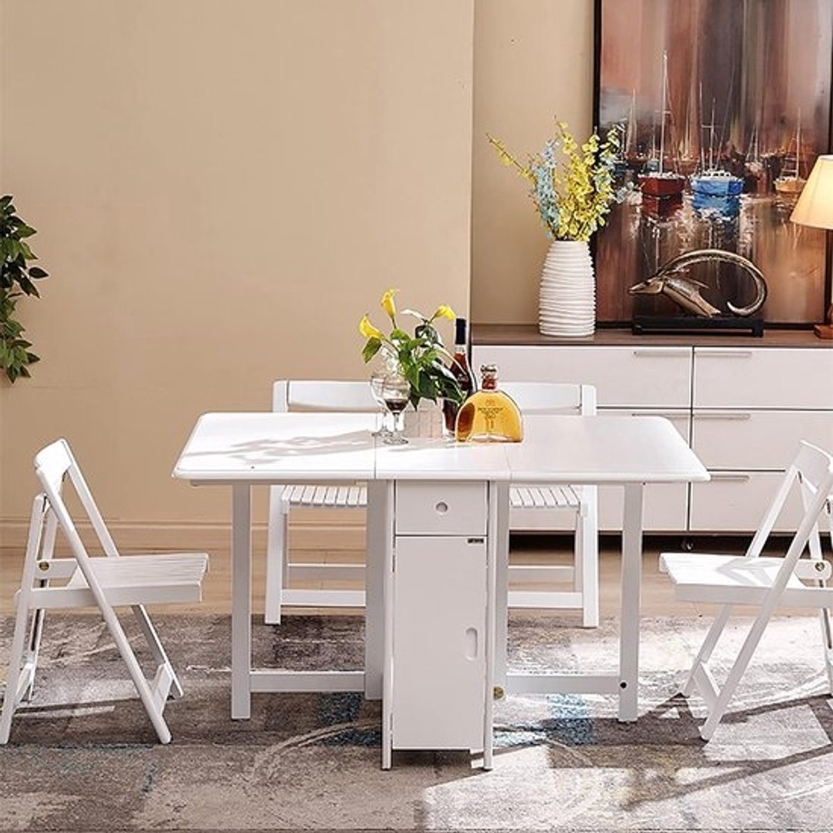 Massief houten boerderij drop leaf eettafel set met wielen 5-delige ruimtebesparende keuken eiland met lade en stoelen perfect voor kleine ruimtes