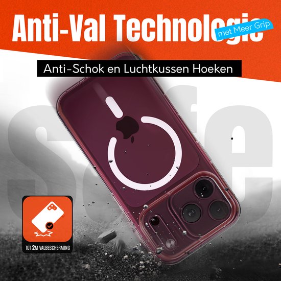 Transparante hoes met MagSafe-ring, valbescherming tot 2 meter op een donkerrode iPhone.