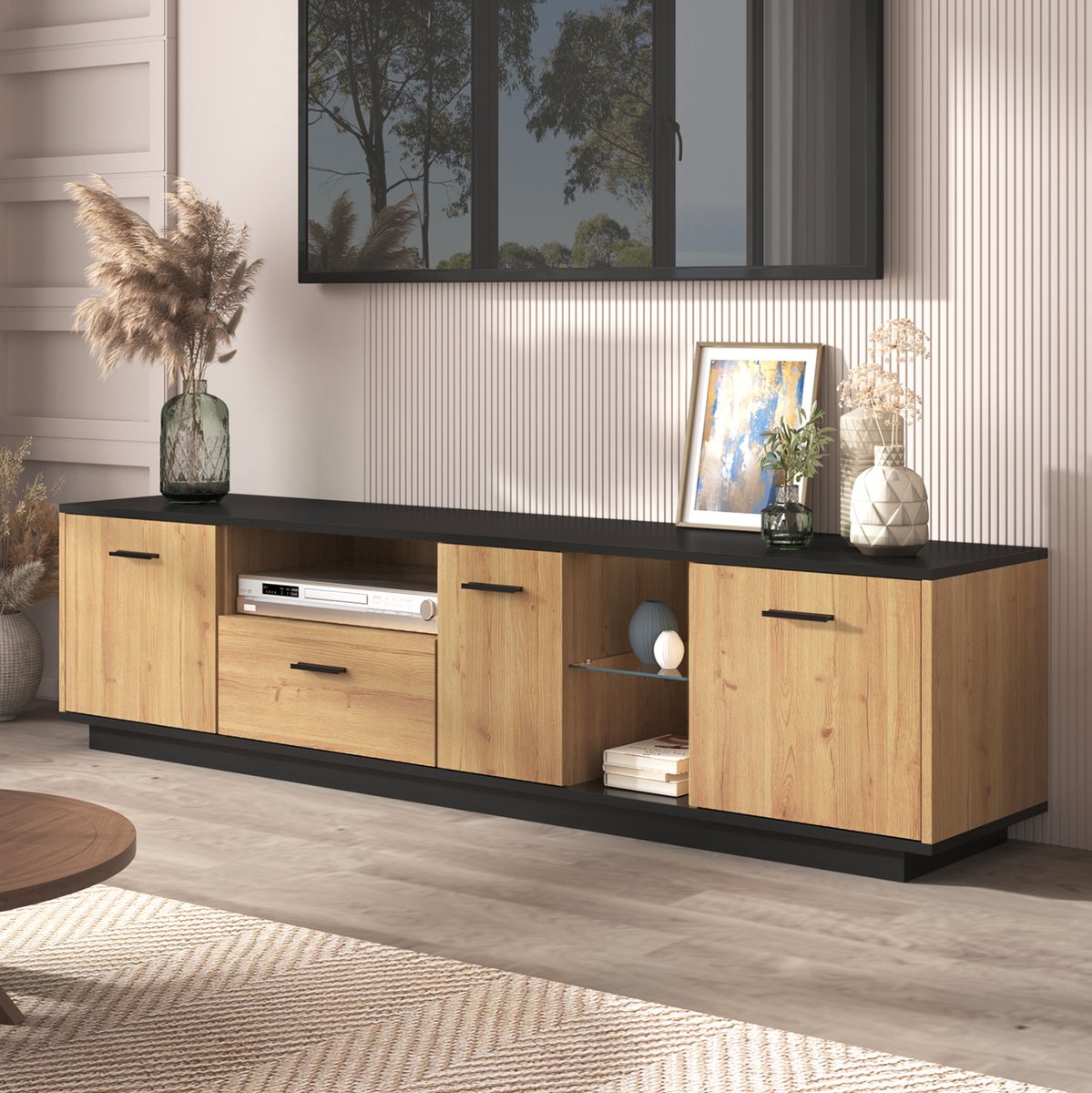 MEUNIQ TV-meubel 180 cm met 3 deuren, 1 lade, 2 open vakken met glazen scheidingswanden en 16-kleuren ledverlichting voor woonkamer, zwart en naturel