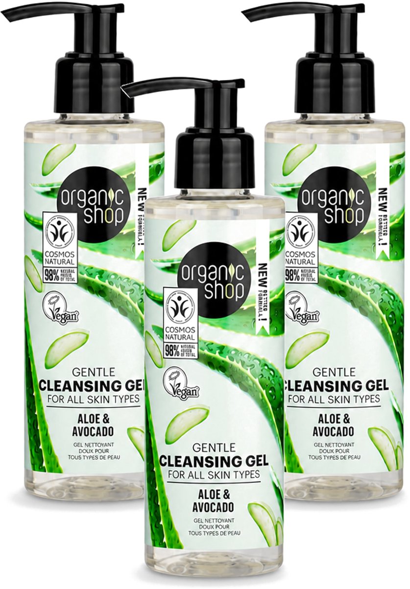 3 x Organic Shop - Cleansing Gel Avocado & Aloe - Verfrissend en Hydraterend - 200 ml - Bulkverpakking - 3 stuks