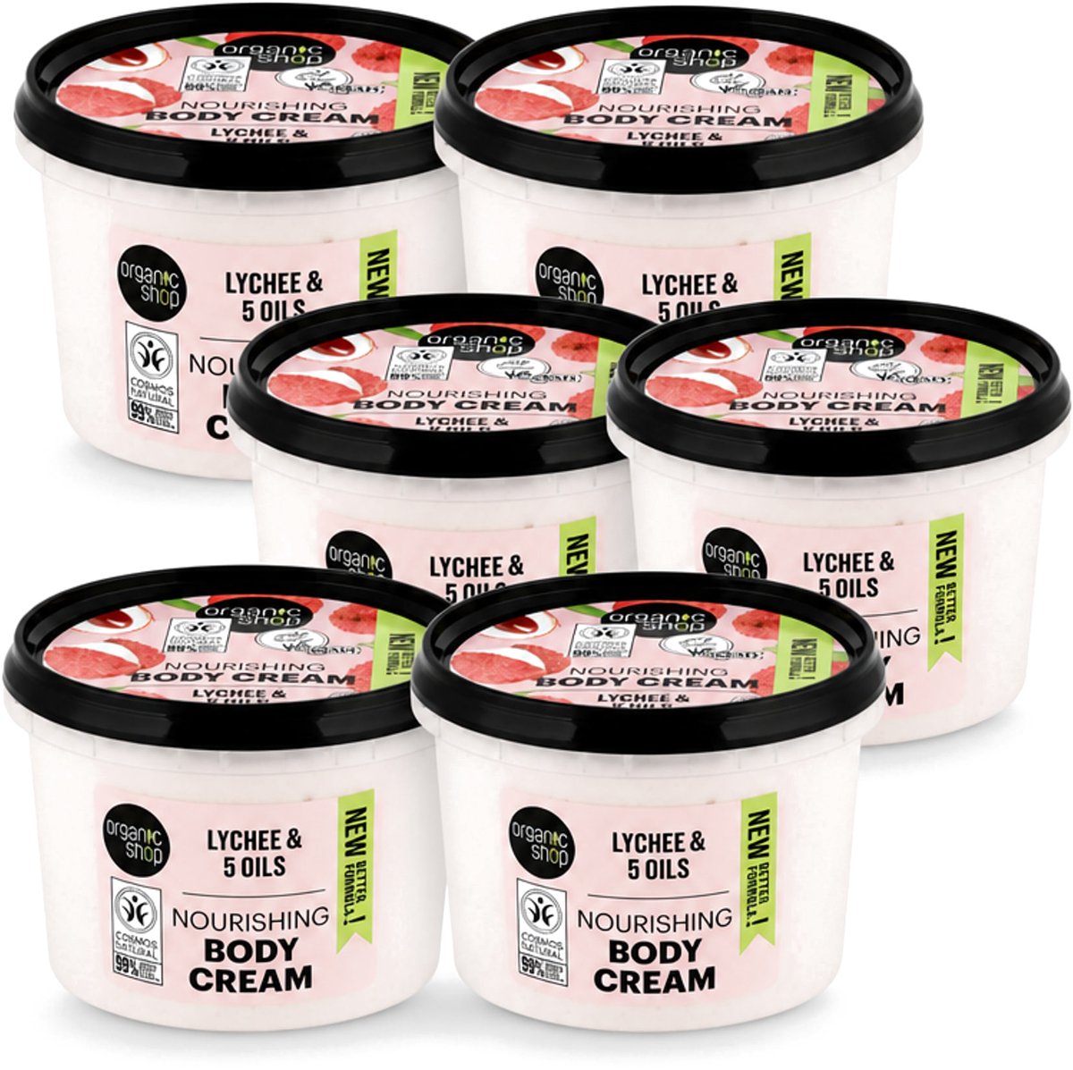 6 x Organic Shop - Nourishing Body Cream Lychee - Hydraterend en Voedend - 250 ml - Voordeelverpakking - 6 stuks
