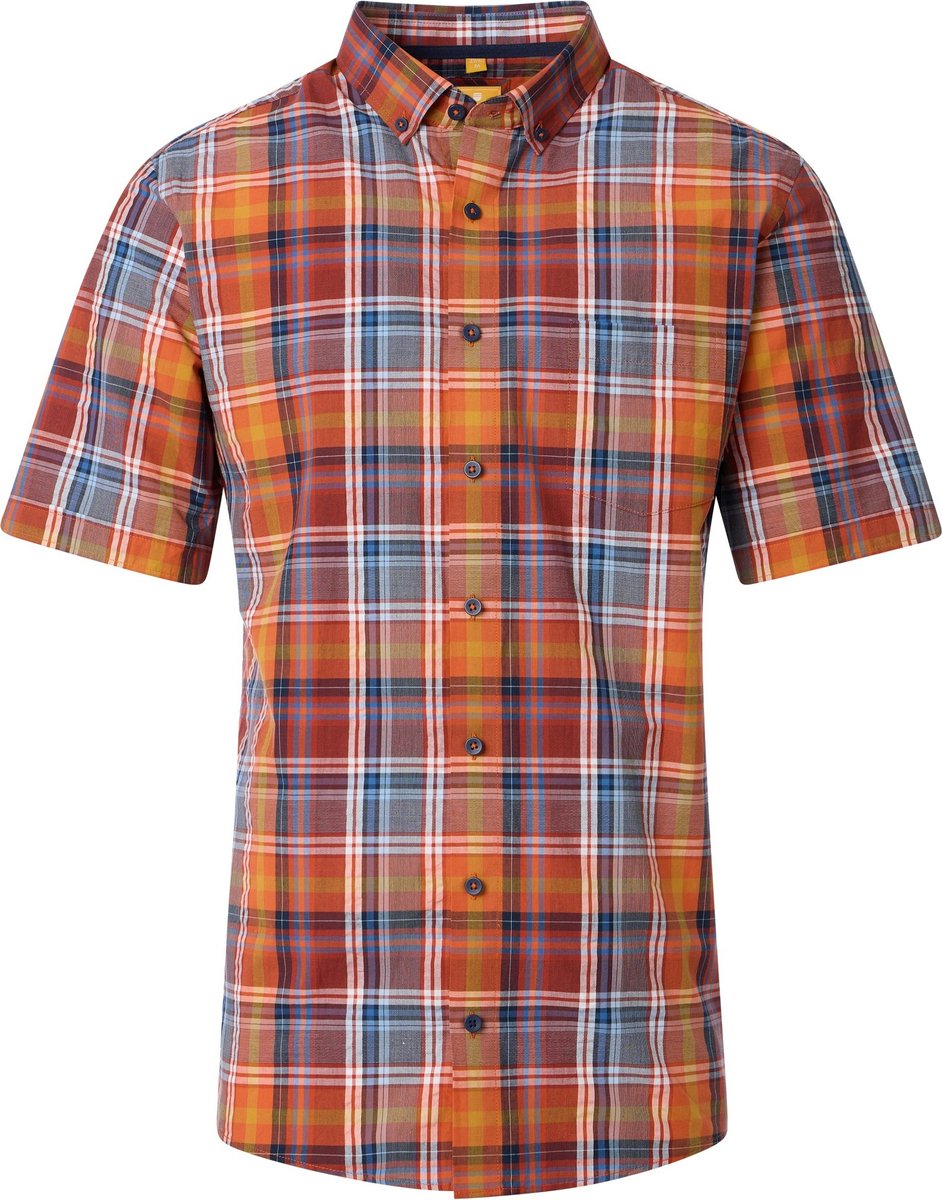 Redmond modern fit overhemd - korte mouw - seersucker - oranje - rood - blauw - wit geruit