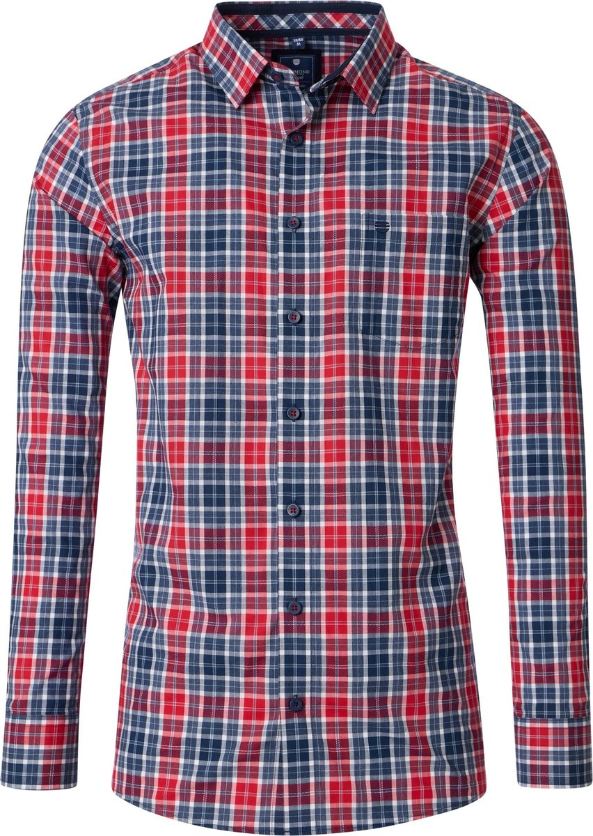 Redmond comfort fit overhemd - dobby - rood - donkerblauw - wit geruit