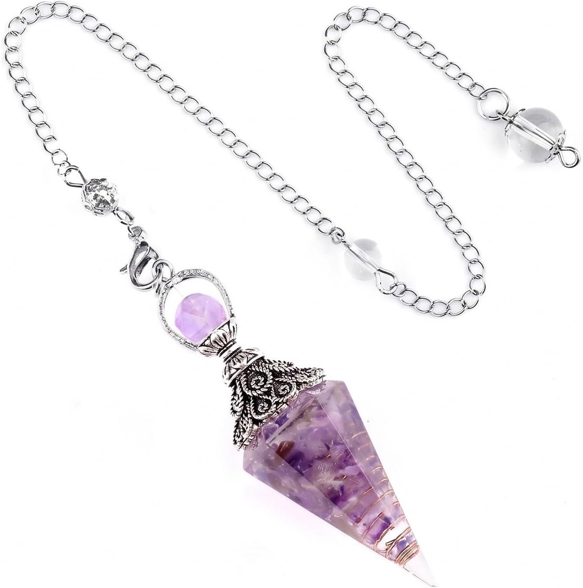slinger van amethist kristal voor waarzeggerij & meditatie, orgoniet pendel edelsteen met ketting (23 cm) en metalen elementen, radiësthesie chakra helende steen hanger (19 x 60 mm)