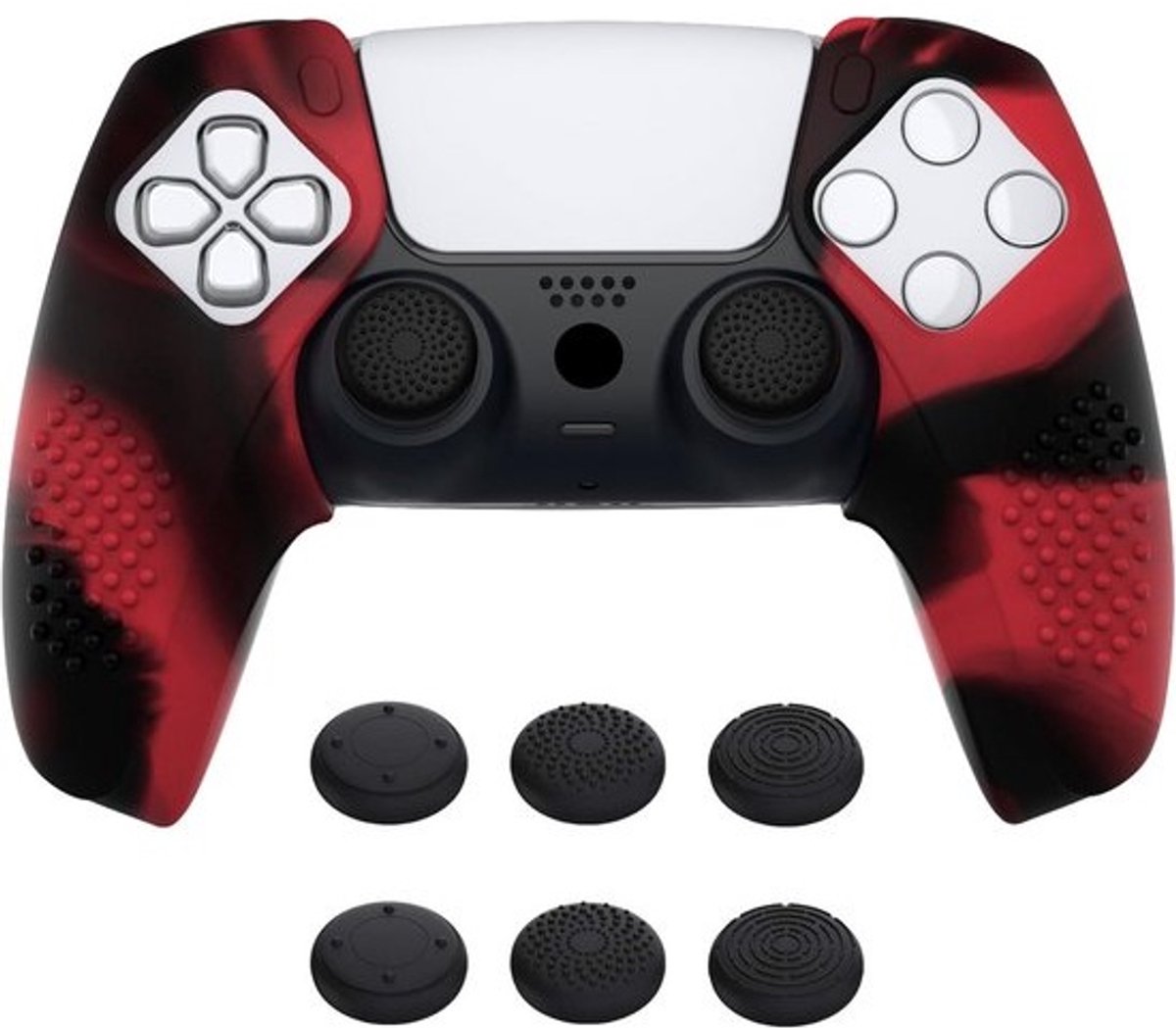 Ergonomische Antislip Siliconen Cover voor PS5 Controller met Duimgreep Caps - Rood & Zwart