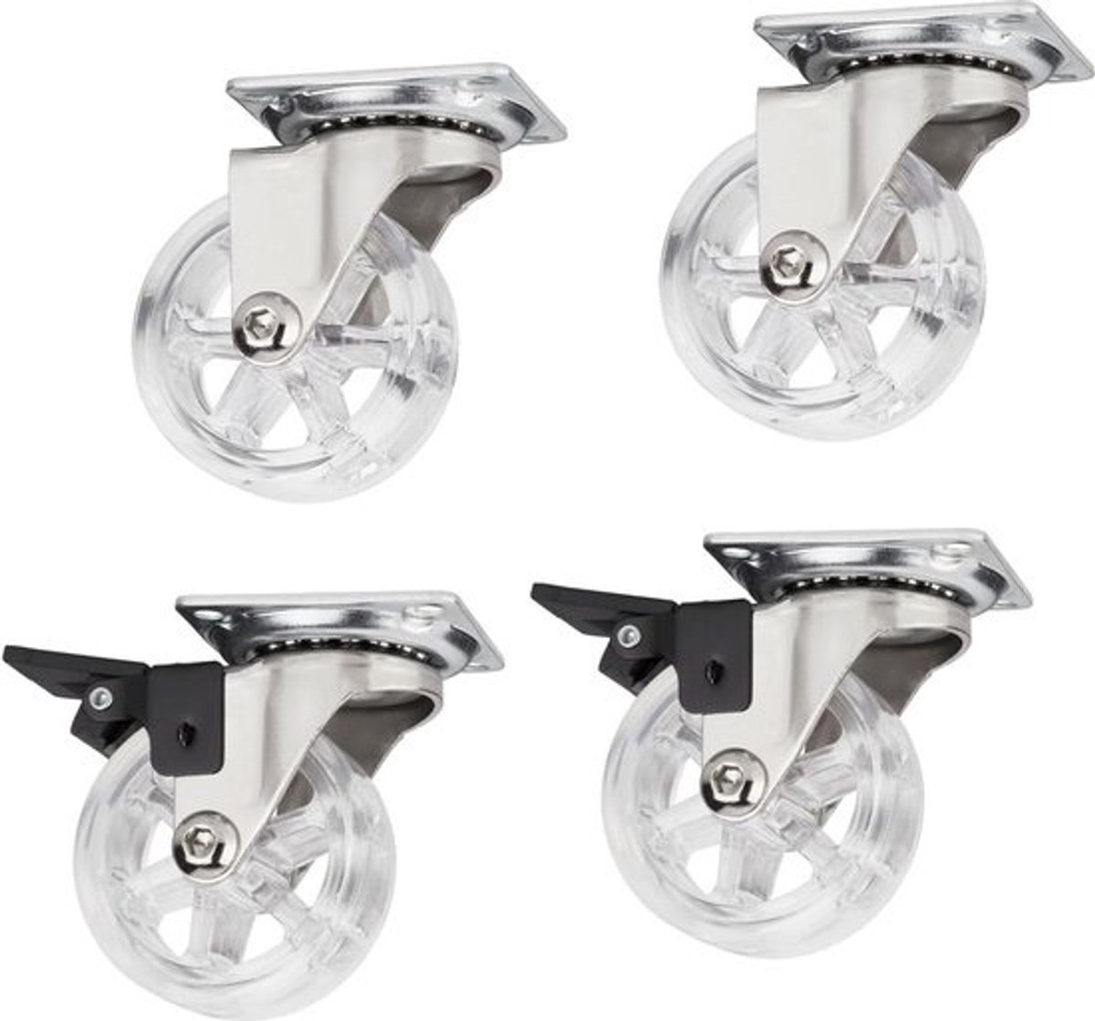 Decoratieve design meubelwielen - RAPID wielen - Ø 50 mm - transparant - draagvermogen 35 kg - hoogte 64 mm - meubelzwenkwielen - set van 4 - met en zonder rem