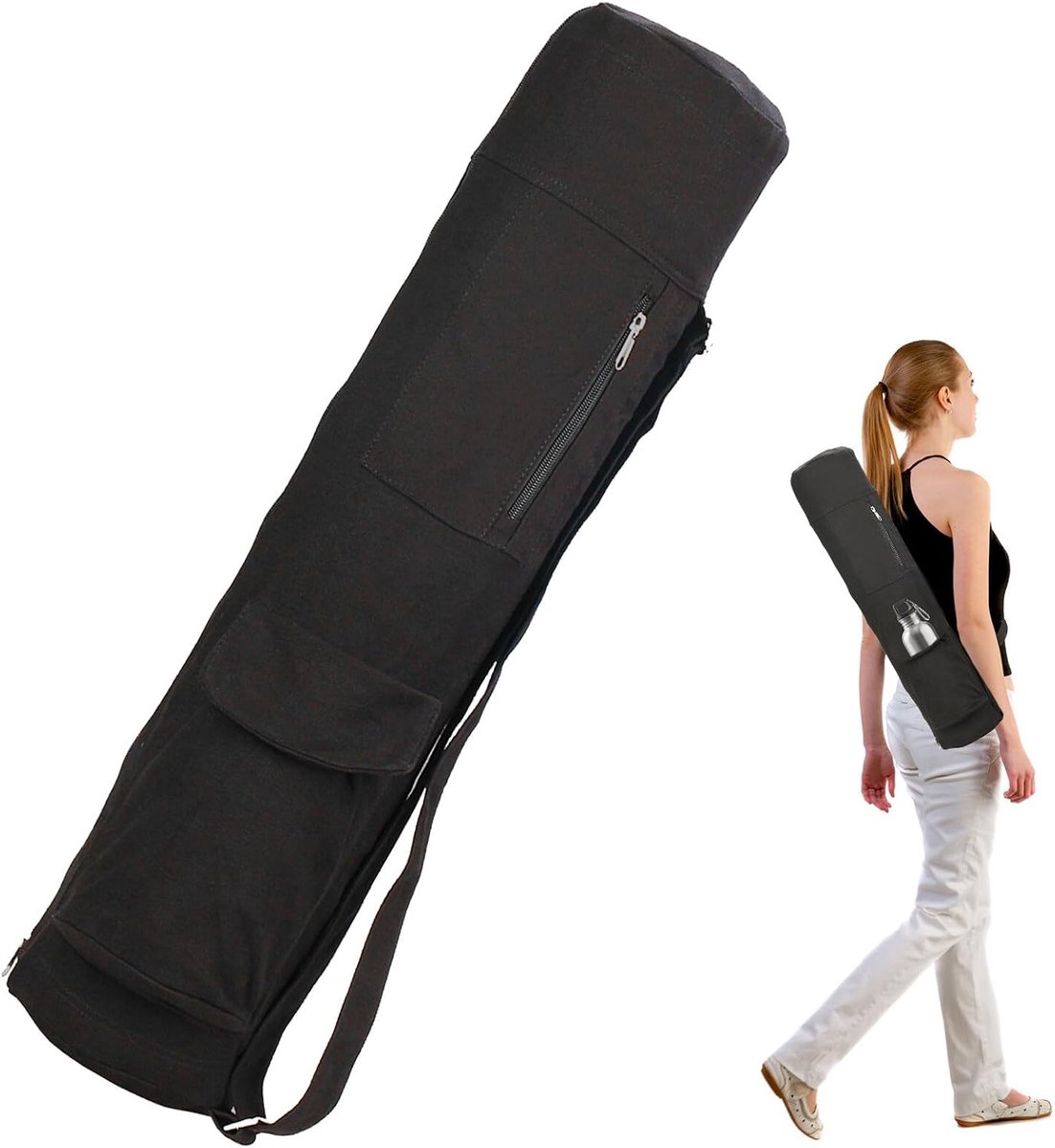 Yogatas Sporttas voor dames: 69 x 16 x 16 cm yogamattas met flessenzak, verstelbare schouderriem, yogamattas, multifunctionele yoga-accessoires voor yogamatten, zwart