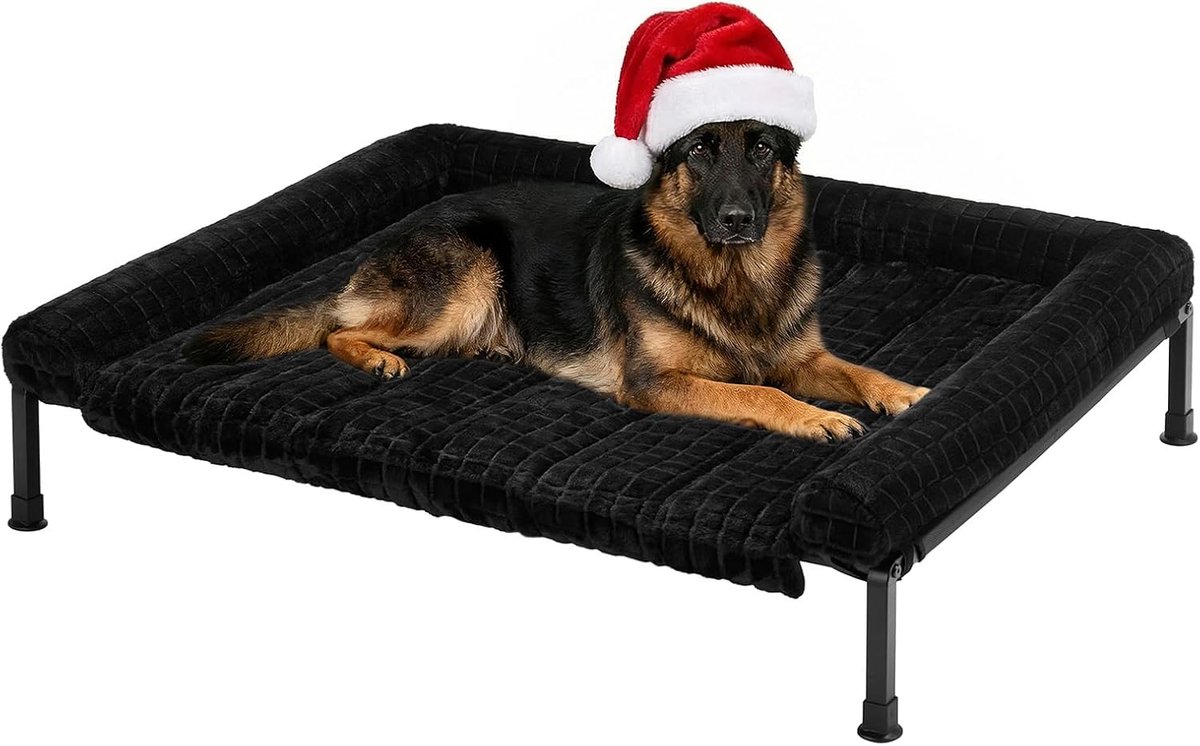 Verhoogd hondenbed xl wasbaar voor grote honden, pluizig verhoogd hondenbed met afneembare steun, extra grote hondenslaapbank voor buiten met antislipvoeten, zwart, 114 x 86 x 20 cm
