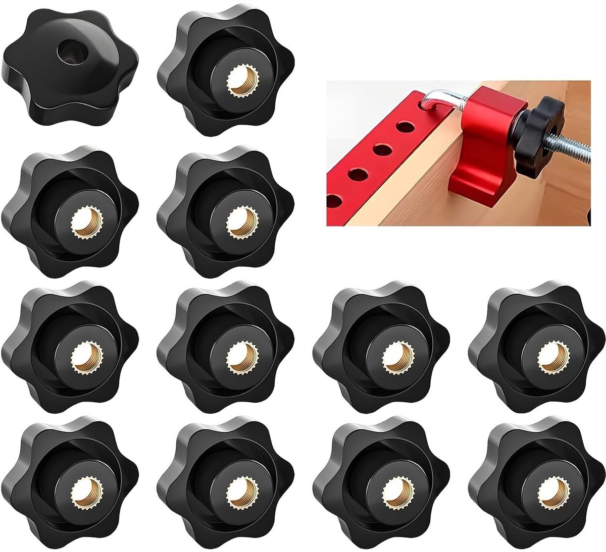 Set van 12 M6 Star Grip Moeren met Klemknop, 32 mm Buitenmaat, Voor Machines, Meubels en Gereedschap