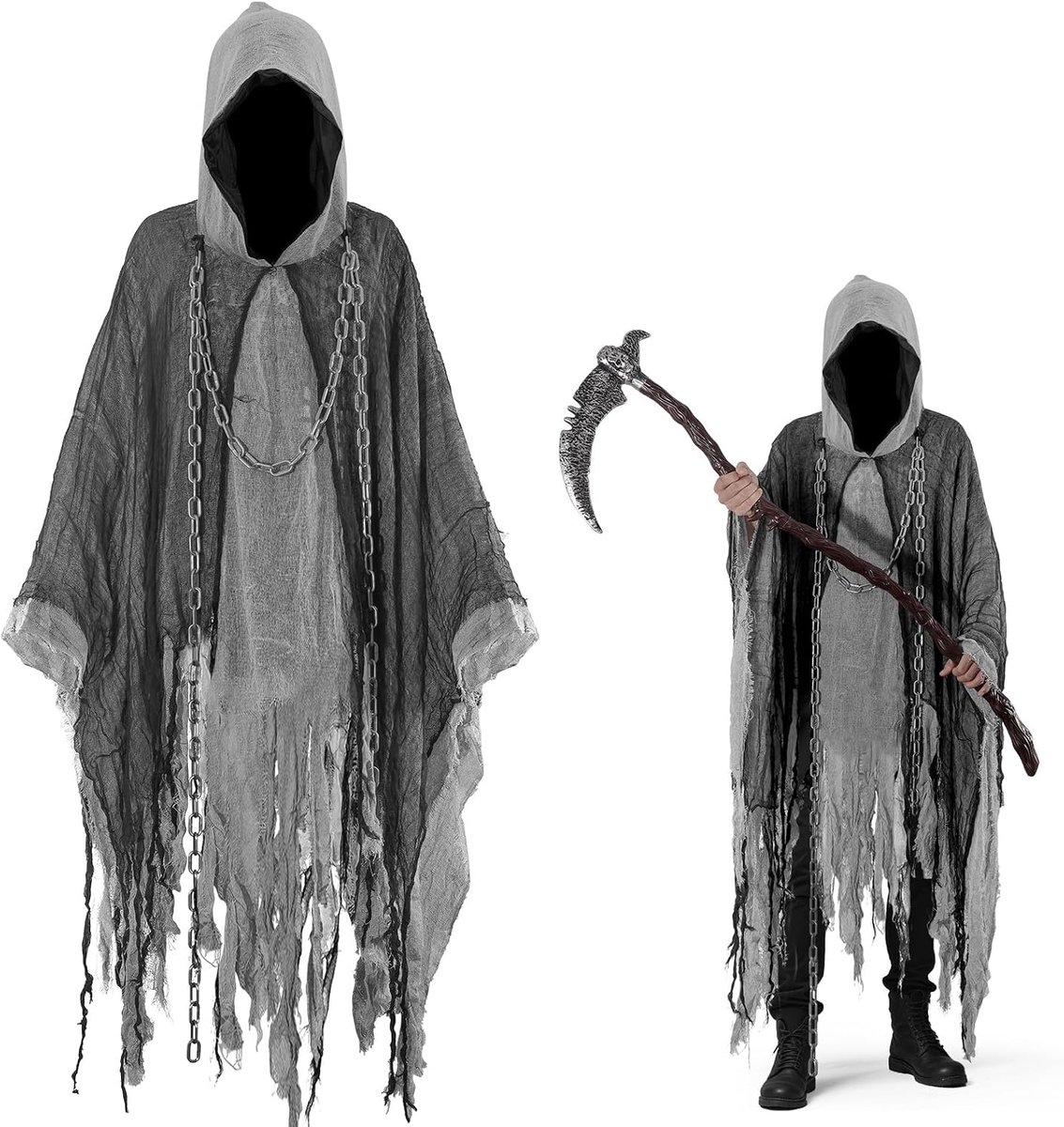 Spookkostuum voor volwassenen, griezelige geestcape met Magere Man, tailleketting, design, Halloween-kostuum voor heren en dames, Magere man cape met capuchon, spookoutfit, kostuums voor