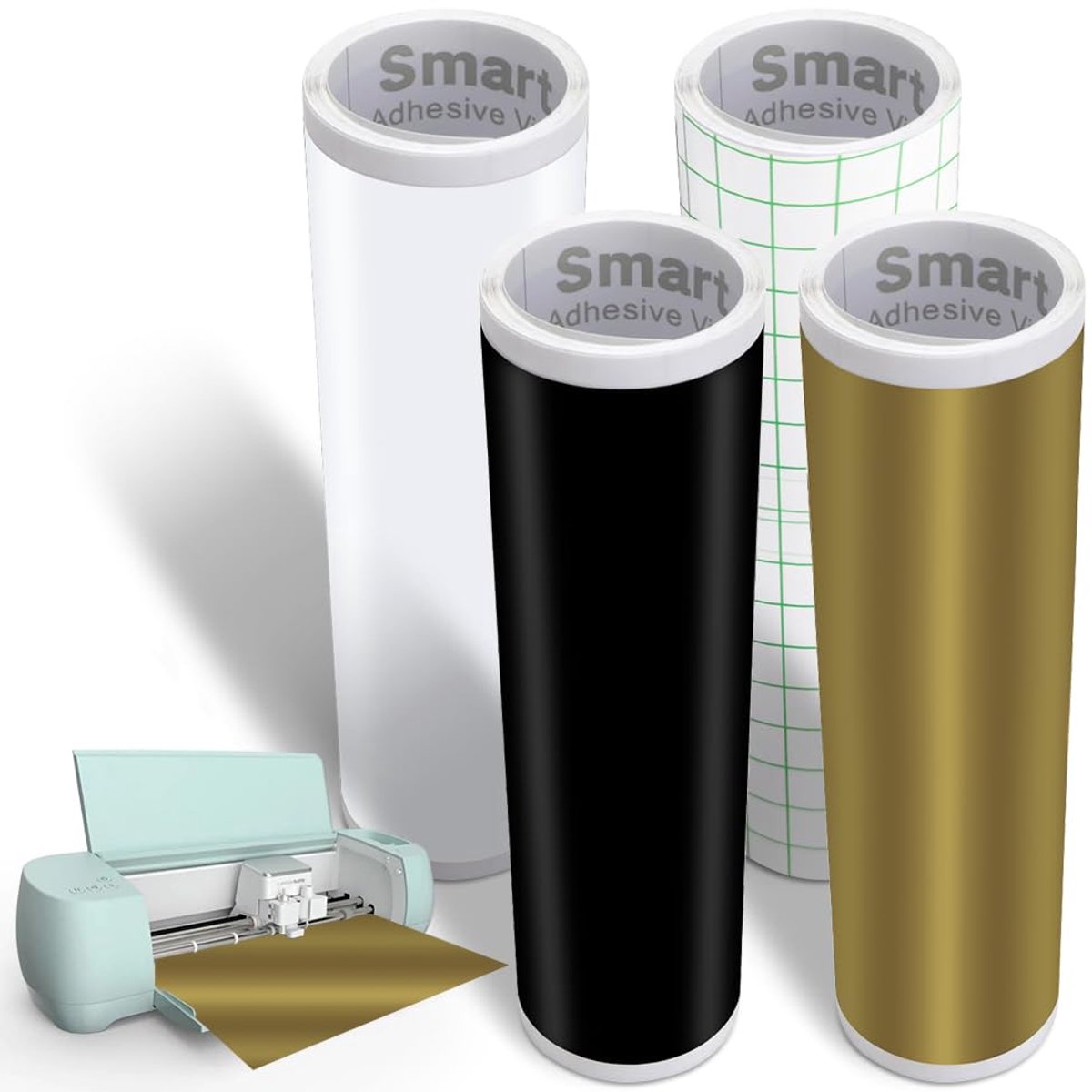4 rollen permanente zelfklevende smart vinylfolie met transferfolie, 33 x 100 cm, zwart, wit en goud, geschikt voor snijplotter, voor doe-het-zelfprojecten, bekers en autostickers