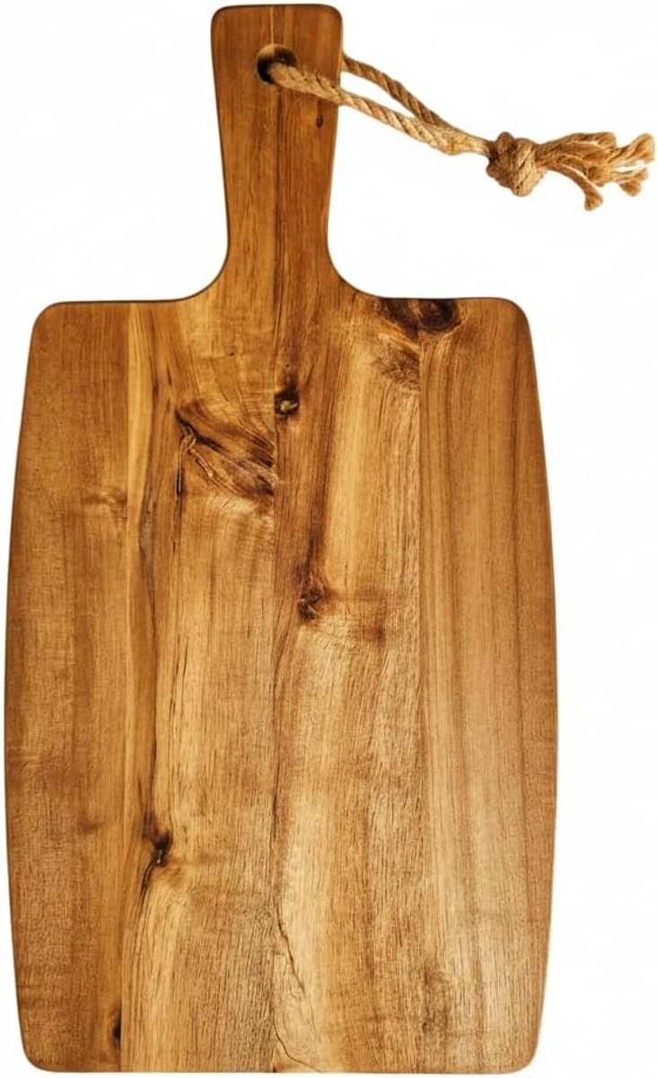 Snijplank voor de keuken van natuurlijk acaciahout, handgemaakt, met ergonomische handgreep, duurzaam en slijtvast, ideaal voor vlees, groenten, brood en worst, elegant, 38 x 20 cm