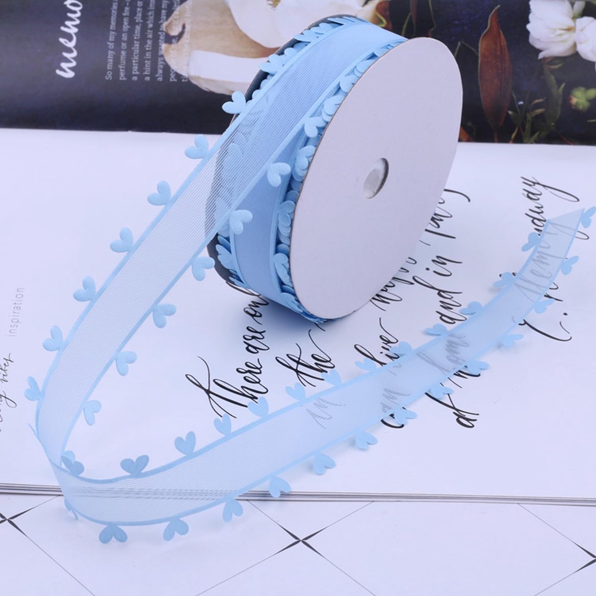 25 mm x 18 m, blauw lint met harten, cadeaulint, hart-organzalint, organza-linten, tuleband, decoratieband voor auto, bruiloft, decoratie, feest, Kerstmis, autosieraden, haarstrik, DIY, blauw