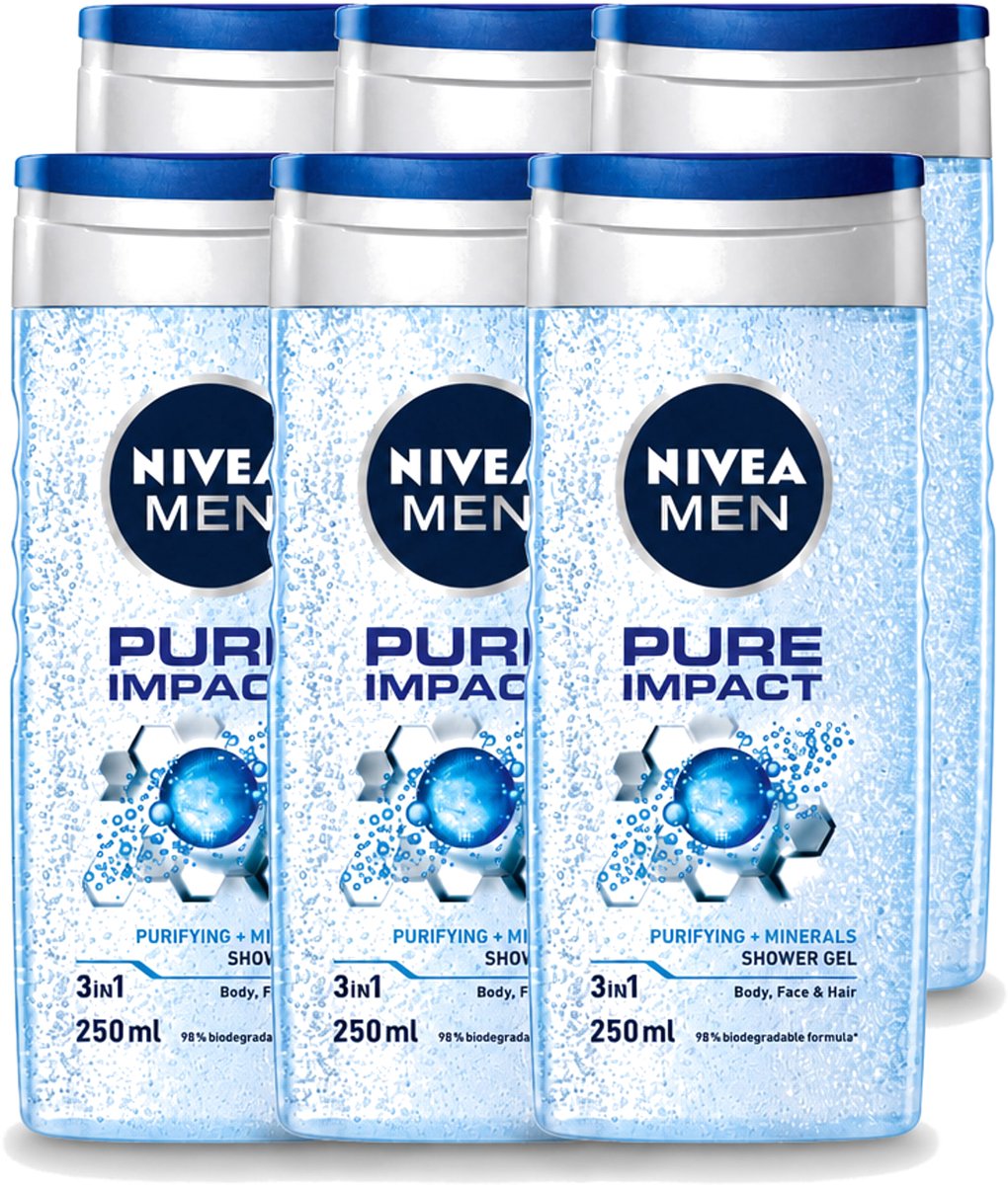 6 x Nivea Men – Douchegel – Pure Impact – 250 ml - Voordeelverpakking - 6 stuks