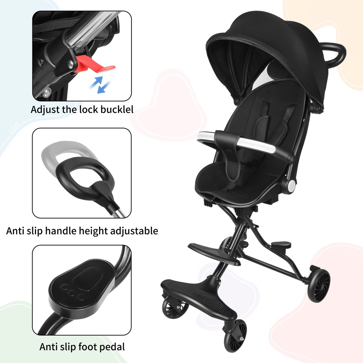 PIPIPOXER Buggy - Stand Buggy - Kinderwagen 3 in 1 - Paraplu Buggy - Reiswagen - Lichte 6 kg en Duurzame Kinderwagen - Verstelbare duwstang en voetensteun - zonwering -Zwart