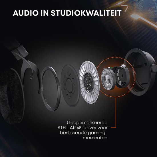 Explosie van de interne componenten van een zwarte gaming headset, met de STELLAR.45 driver centraal.