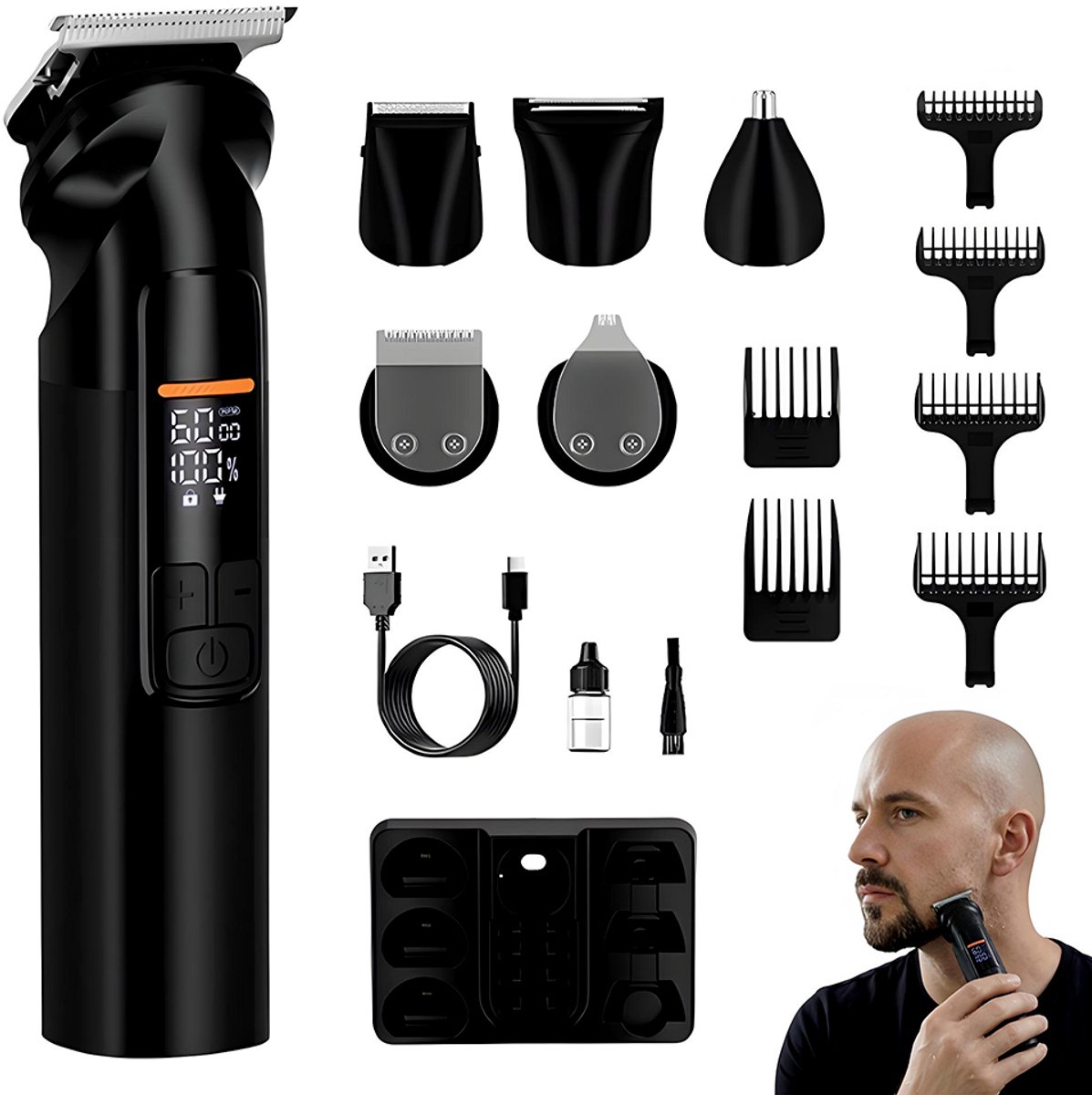 6-in-1 Haartrimmer - Haartrimmerset voor thuisgebruik - Baardtrimmer - Neushaartrimmer - Elektrisch scheerapparaat - Lichaamsverzorgingsapparaat - Met verzorgende olie - Multifunctioneel - Ingebouwde 1200mAh batterij - Zwart