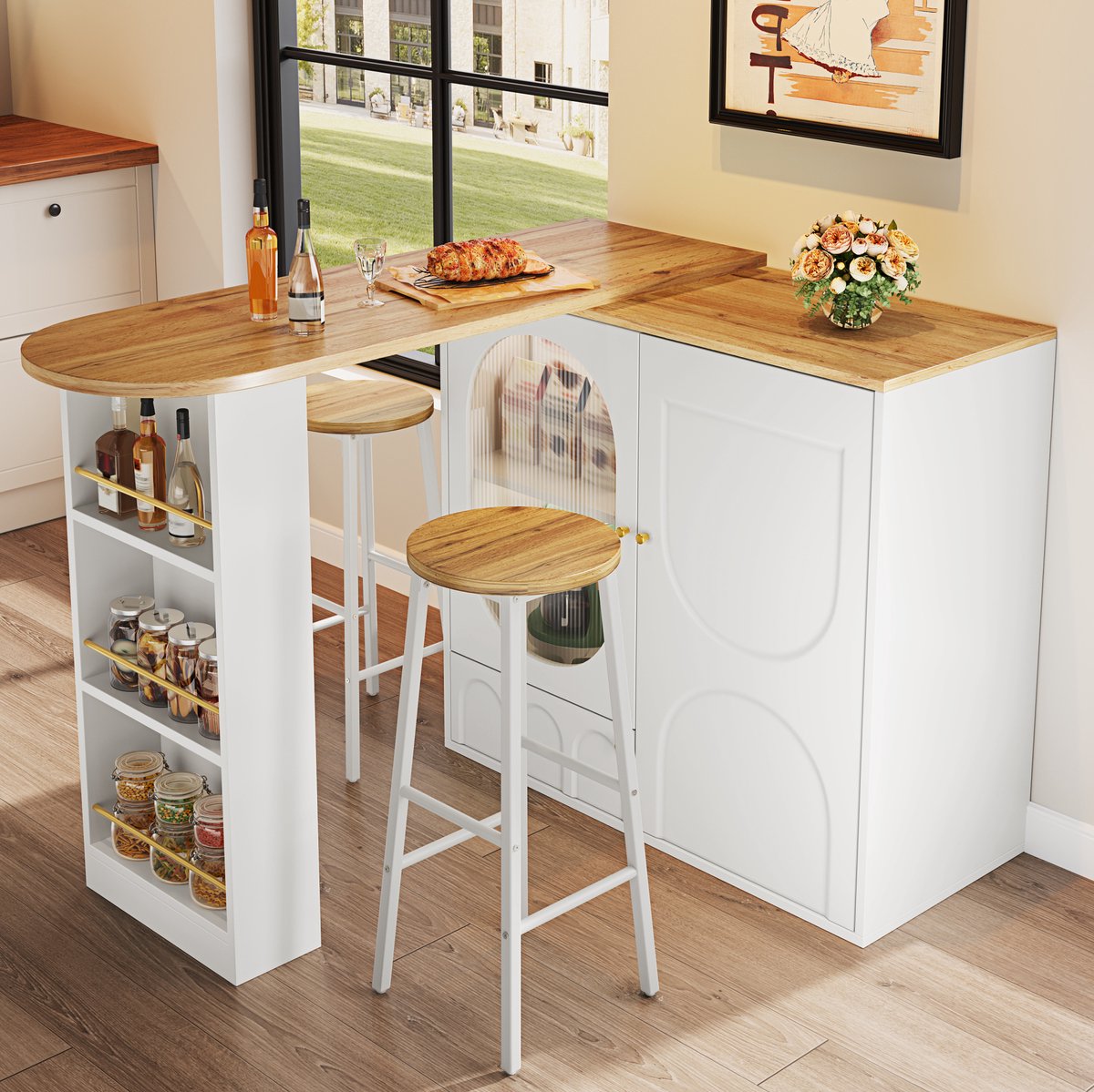 MODFU - Bartafelset Met Opbergruimte En 2 Barstoelen - Wit - MDF En Metaal