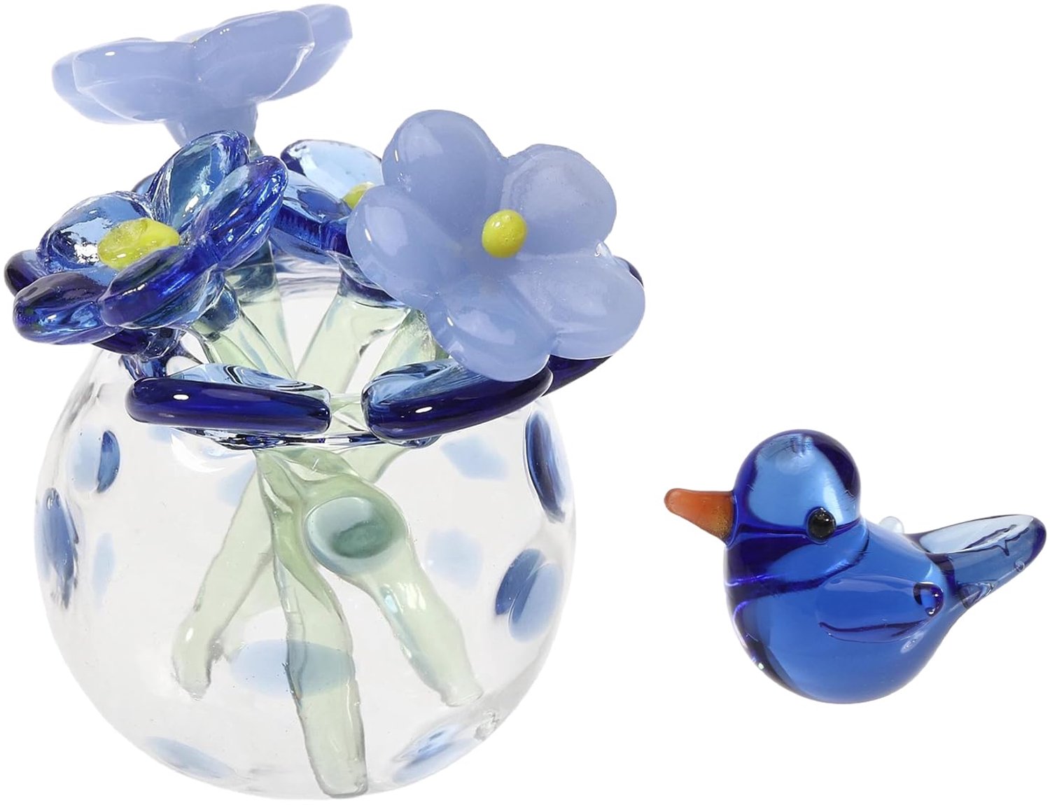 Mini-glazen boeket met vogelfiguur - handgemaakte kristallen bloemen - blauw glas - decoratief voor bureau - m-winkel
