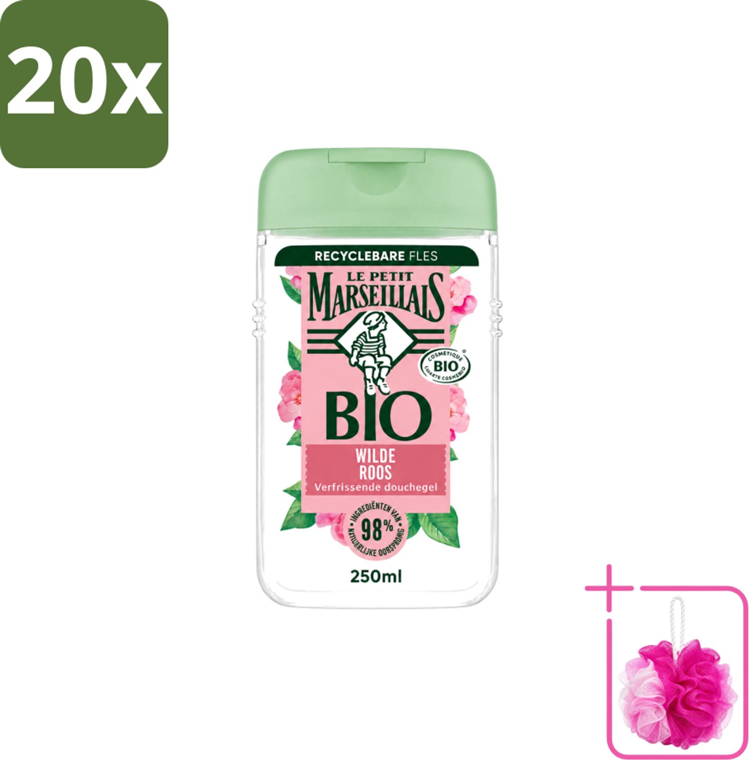 20 x Le Petit Marseillais – Douchegel – Bio Wilde Roos – Verfrissend – 250 ml - Bulkverpakking - Douchegel - Douchemop - Bio rozenbottel