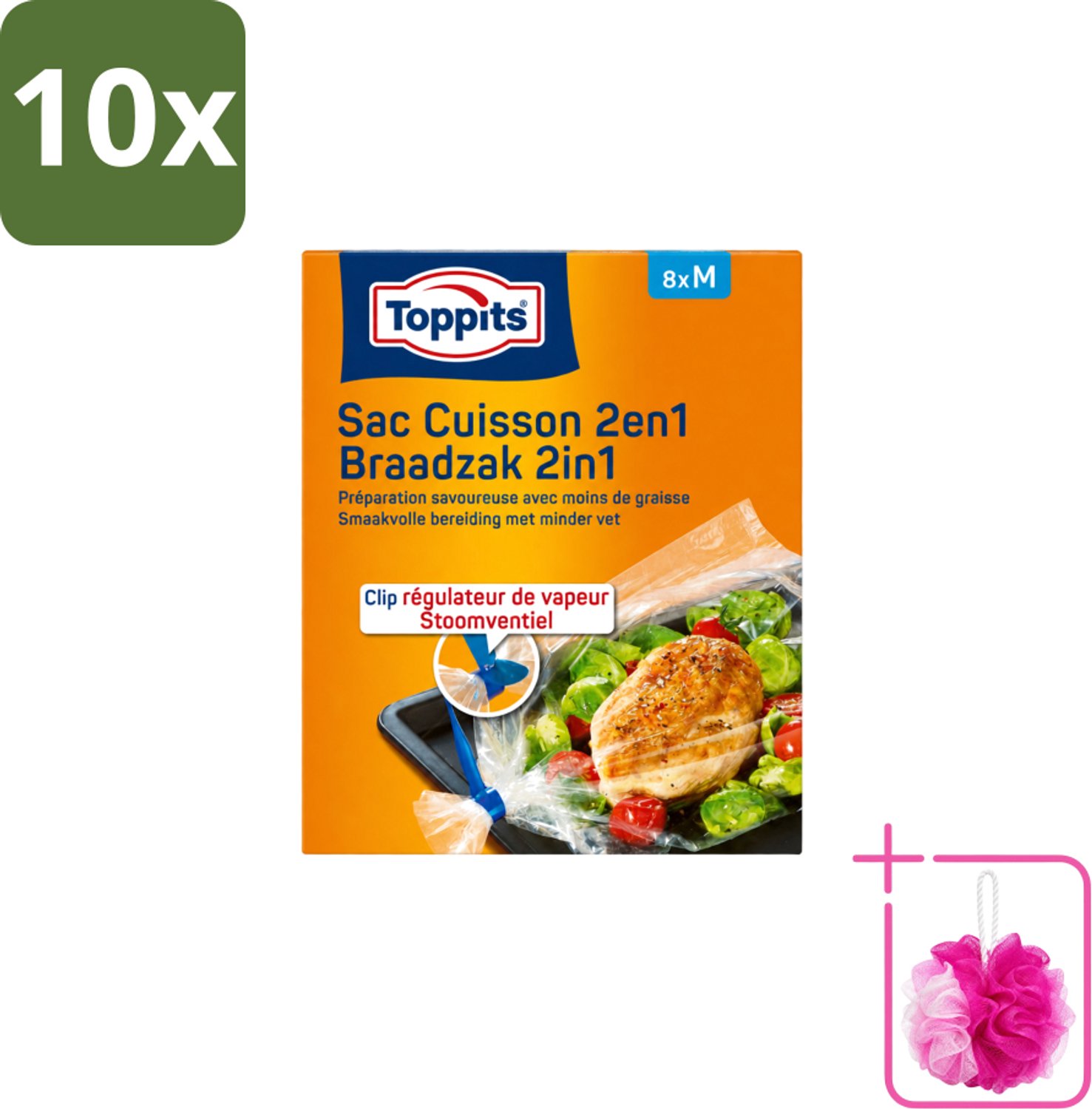 10 x Toppits – 2-in-1 Braad- & Stoomzakken – Maat M – 8 Zakjes - Bulkverpakking - Braadzakken oven - Douchemop - Braadzakken magnetron