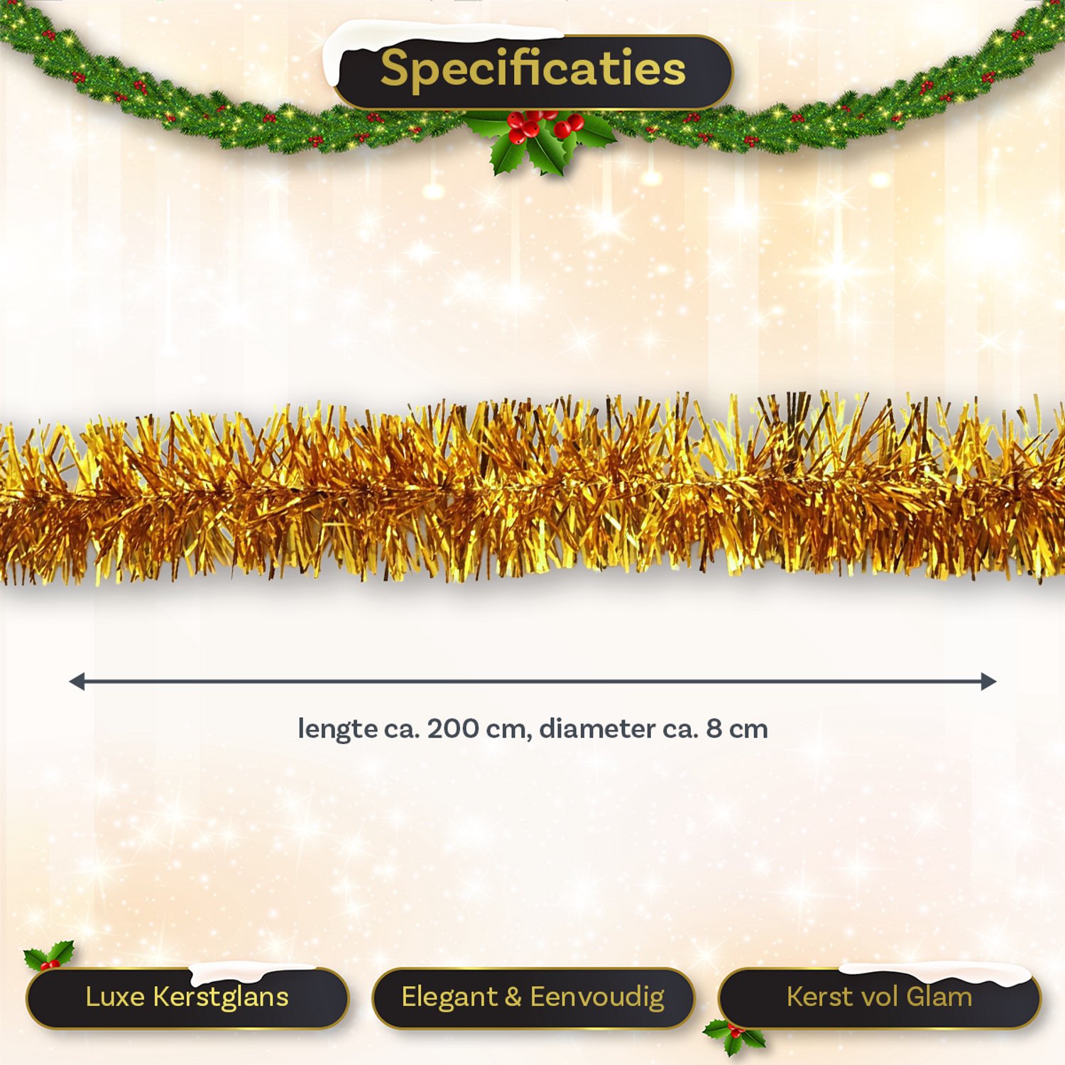 LUQ – Tinsel Kerstslinger Goud – Lametta Slinger – Christmas Garland – Kerstboomversiering – Kerstboom Hangdecoratie – foto 2